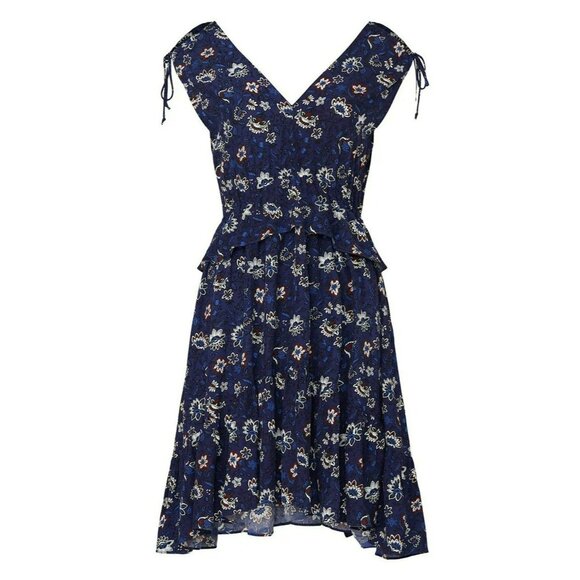 Thakoon Collective Navy Lotus Printed Dress Sz 6 V-Neck Ruffled High-Low Hem - Picture 1 of 10